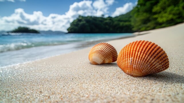 Two shells on a tropical beach.  Ocean waves lap at the shore.  Sunny day