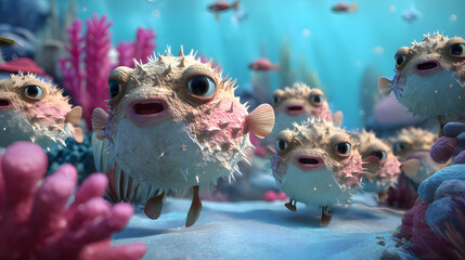 3d Cartoon Of a parade of cute pufferfish