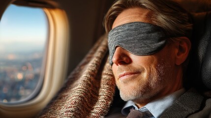 Business travel relaxation moment, senior businessman sleeping during business travel with eye mask, luxury business travel comfort in flight