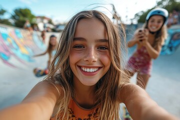 Girls skateboarding and taking selfie, enjoying a fun time together while capturing the moment and showcasing their skills at the park, Generative AI