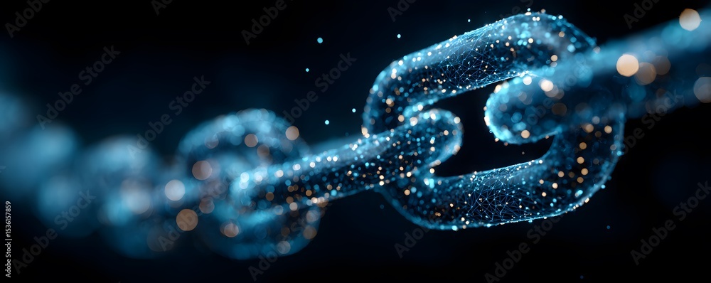 Poster glowing blue chain links with sparkling particles on a dark background
