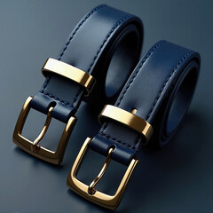 A sophisticated product presentation of two classic navy blue leather belts with shiny gold buckles, elegantly coiled and displayed on a dark, moody blue surface.
