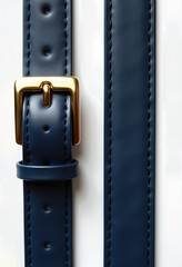 This minimalist flat lay captures the elegant detail of a single navy blue leather strap and its polished gold buckle, an ideal concept for fashion and accessories.
