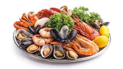 A vibrant seafood platter featuring shrimp, mussels, lobster, crab, garnished with lemon and parsley on a silver tray.