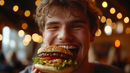 An excited young man bites into a juicy hamburger, melted cheese, fresh lettuce and tomato. The sharp details and high resolution create a fun and lively mood.
