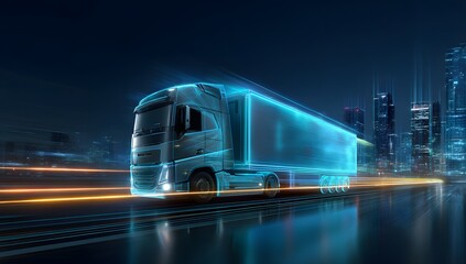 Futuristic Truck with Blue Glow Driving at Night in an Urban Setting