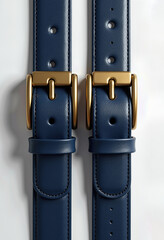 Showcasing precision and style, this top-down view captures two parallel navy blue leather straps, each adorned with a classic, polished gold buckle.

