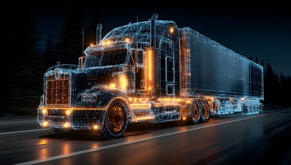 Illuminated Semi-Truck on Night Road with Futuristic Design