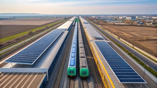 Aerial view of a modern train station with two green trains on parallel tracks and solar panels covering the station roofs, surrounded by farmland and industrial buildings.
