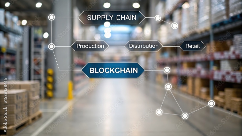 Poster warehouse aisle with digital overlay showing blockchain integration in supply chain management stage