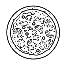 Delicious illustrated pizza topped with mushrooms olives and salami slices detailed black and white silhouette.