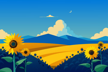 peaceful sunflower field under a big open blue 