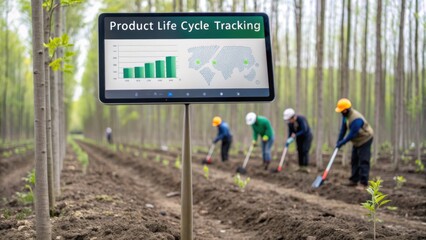 A digital screen displays product life cycle tracking data while four workers plant trees in a reforested area, emphasizing sustainability and environmental monitoring.