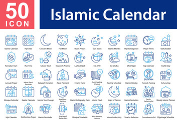 Islamic Calendar Icon Collection and Simple Concept Outline Color, Containing: Islamic Calendar  ,Hijri Date  ,Crescent Moon  ,Full Moon  ,Moon Phases  ,Star & Moon  ,Islamic Months © RanuKumbolo.lab