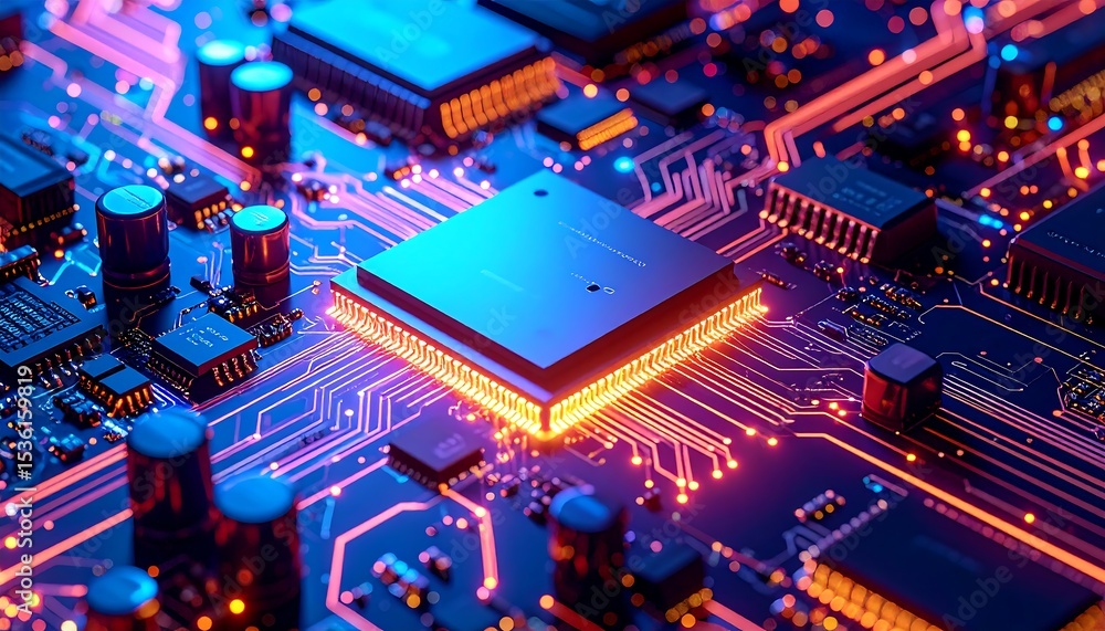 Poster futuristic cpu closeup glowing processor circuit board with tech background.
