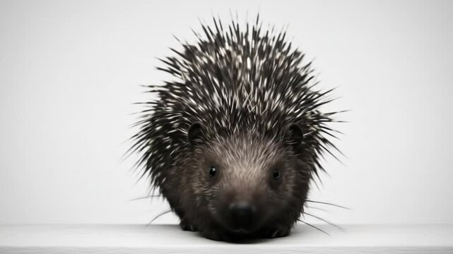 Curious Hedgehog Portrait: A captivating portrait of a solitary hedgehog showcases its quills and inquisitive demeanor, standing in a studio environment, ready to captivate. 