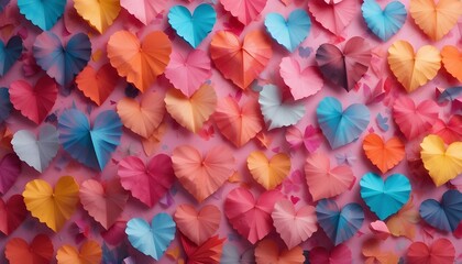 "Studio Shot of Colorful Paper Hearts: Romantic and Playful Craft Background for Design"