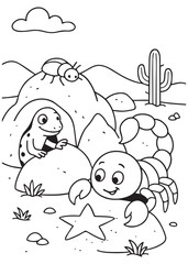 Coloring book  scorpion, a friendly lizard, and a small beetle are gathered in a desert landscape