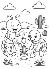 Coloring book scorpion happily helps a turtle plant a small potted cactus with a shovel in a desert landscape 