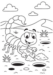 Coloring book scorpion smiles widely as it digs a hole in the ground with a small shovel, surrounded by several other holes,