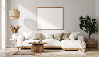 Cozy Living Room Interior Design: A tranquil living room adorned with neutral tones, natural textures, and organic elements, offers a serene and inviting space for relaxation and artistic display. 
