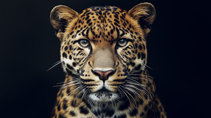 Obraz premium leopard on a black background. portrait of leopard with intense eyes.