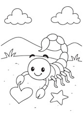 Coloring book scorpion with big eyes and a happy expression holds a heart shape, with a star shape on the ground beside it,