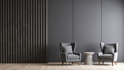 Serene Interior Design: Modern interior showcases an elegant living space, featuring stylish gray armchairs and a minimalistic table placed against a dark gray paneled wall. Embracing a sense of calm.