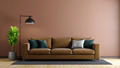 Fototapeta premium Living Room with Stylish Decor: A cozy living room featuring a stylish sofa with decorative pillows, a sleek floor lamp, and a potted plant.