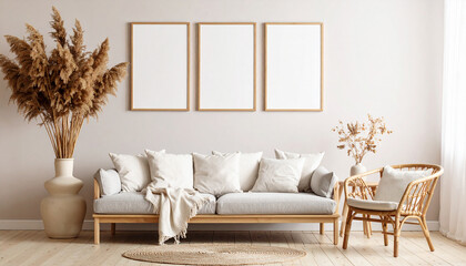 Cozy Living Room with Mockup Frames: A serene living space featuring a modern sofa, decorative elements, and mockup frames, perfect for showcasing artwork or designs in a relaxing ambiance.