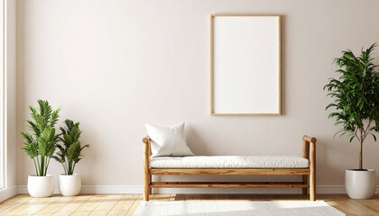 Zenith of Space: A well-lit room featuring a wood bench, elegant plants, and a striking picture frame evokes serene sophistication and invites creative interior design exploration.