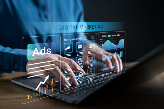 Digital marketing strategy and online advertising concept, hands typing on a laptop with virtual dashboard, SEO, social media, email campaign, data analytics, performance metrics, business promotion