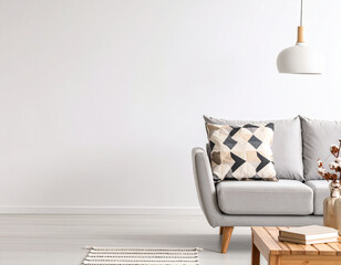 Modern Living Room Interior: A cozy and stylish living room features a light grey sofa adorned with geometric patterned cushions, a wooden coffee table with books, a simple pendant lamp.