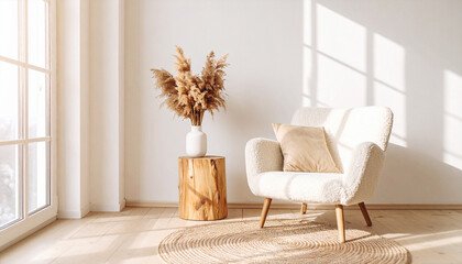 Serene Retreat: A minimalist living space is bathed in soft daylight, showcasing a comfortable armchair, elegant decor, and a sense of calm, inviting rest.