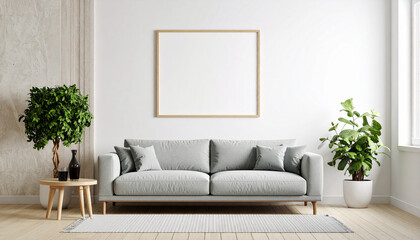 Modern Living Room: A serene interior showcasing a cozy sofa with cushions, potted plants, wooden elements, a clean, inviting atmosphere, perfect for interior design concepts.