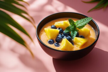 A bowl of smoothie topped with pineapple chunks, blueberries, and mint leaves.