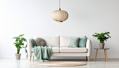 Modern Living Room Interior: A serene and stylish living room features a cream sofa, complemented by soft green cushions and a throw.  Natural elements, including potted plants and a jute rug.
