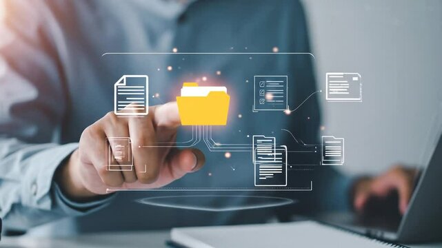 A person interacts with a digital interface displaying file folders and documents - Powered by Adobe