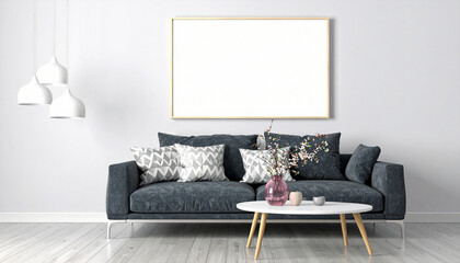 Minimalist Living: A serene living space features a modern sofa, elegant decor and a blank picture frame ready to showcase your personalized touch, offering a canvas for artistic expression.