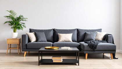 Sleek and Modern Living Room: Capturing a sophisticated interior, this image showcases a stylish sectional sofa, complemented by a chic coffee table, potted plant, and elegant decor.