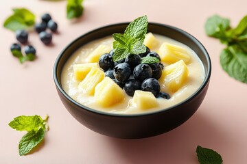 Bowl of pineapple and blueberry dessert topped with fresh mint.