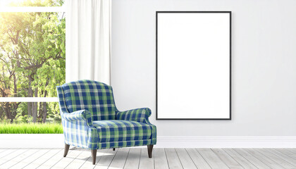 Modern Interior with Armchair and Empty Frame: A minimalist interior features a comfortable armchair, a framed blank canvas, and a window view, bathed in natural light.