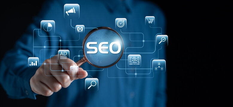 SEO digital marketing strategy concept with businessman analyzing search engine optimization using magnifying glass and virtual interface. Keywords, ads, analytics, and web development symbols.