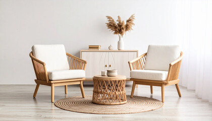 Serene Interior: a tranquil living space, boasting neutral tones and organic textures, where two elegant wicker chairs invite relaxation, centered around a chic table.