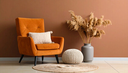 Serene Abode: a stylish armchair, adorned with a cozy pillow, graces a warm, earthy-toned room. Complemented by a decorative rug and dried plants in a vase.