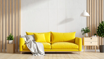 Cozy Living Room with Yellow Sofa: A sunlit interior featuring a modern yellow sofa, accompanied by stylish decor and natural elements, inviting a sense of comfort and serenity.