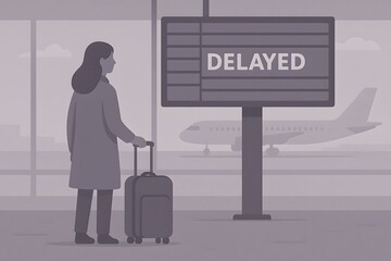 Traveler Waiting at Airport Terminal - Digital Illustration of Flight Delay Anxiety