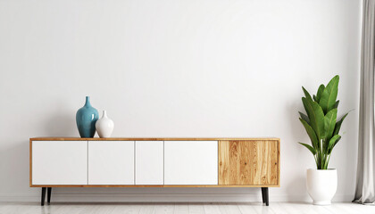 Modern Minimalist Living Room: A sleek, minimalist media console with wooden accents sits against a clean white wall, flanked by stylish vases and a potted plant.