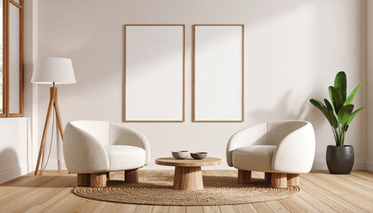 Minimalist Living Room: Elegant interior design features a cozy seating arrangement with two armchairs, a round coffee table, a stylish floor lamp, and a vibrant plant.