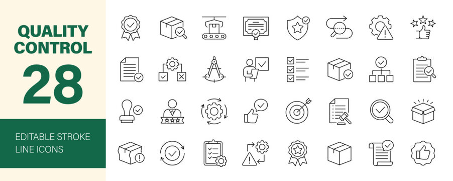 Quality control icon set. Containing evaluation, inspection, product, certificate, quality check, defect, assurance, process, testing and more. Editable line icons. Vector illustration.